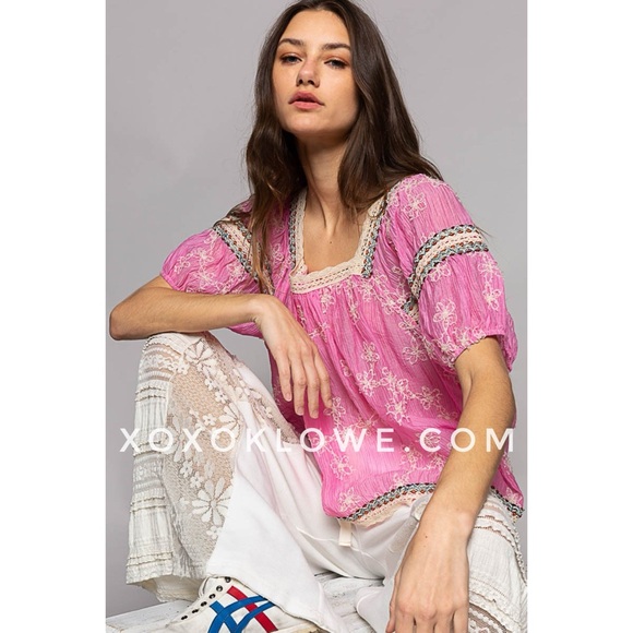 POL Pink Floral Embroidered Square Neck Half Sleeve Chiffon Top - Picture 5 of 15